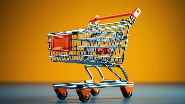 A yellow supermarket trolley stands out against a vibrant blue background making it an eyecatching visual