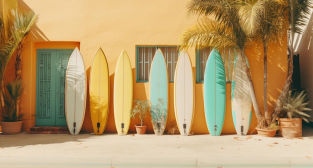 Photo yellow surf boards lean against the side of a house