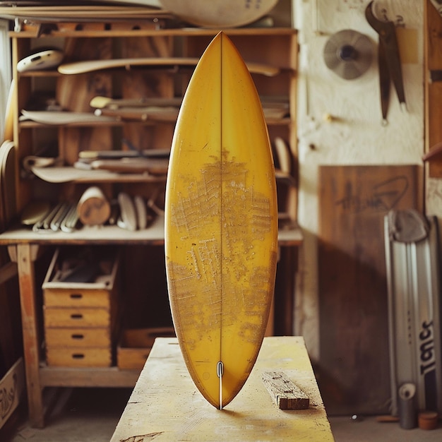 Photo a yellow surfboard is sitting on a table with a sign that says quot ship quot on it