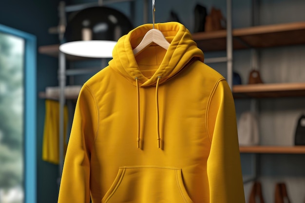 Yellow sweatshirt with hood and pocket hanging on a hanger in the store