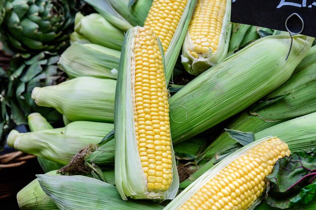 Yellow sweet corn displayed for sale at a street food market side view of healthy vegan food