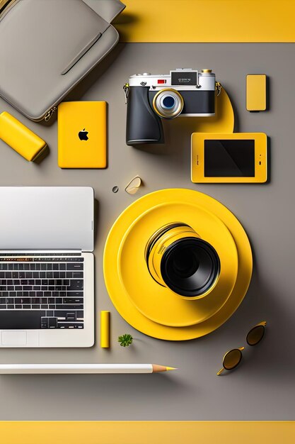 Yellow table of a creative designer or photographer with laptop tablet cameras and other objects o