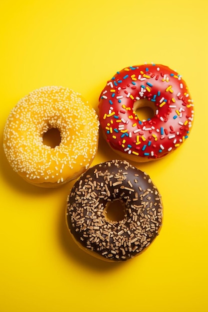 A yellow table with donuts and sprinkles on it