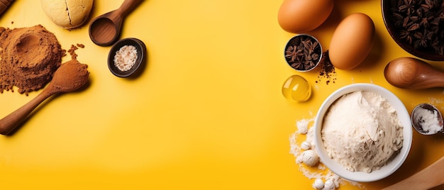 A yellow table with food and spices on it