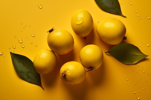 A yellow table with lemons and leaves on it