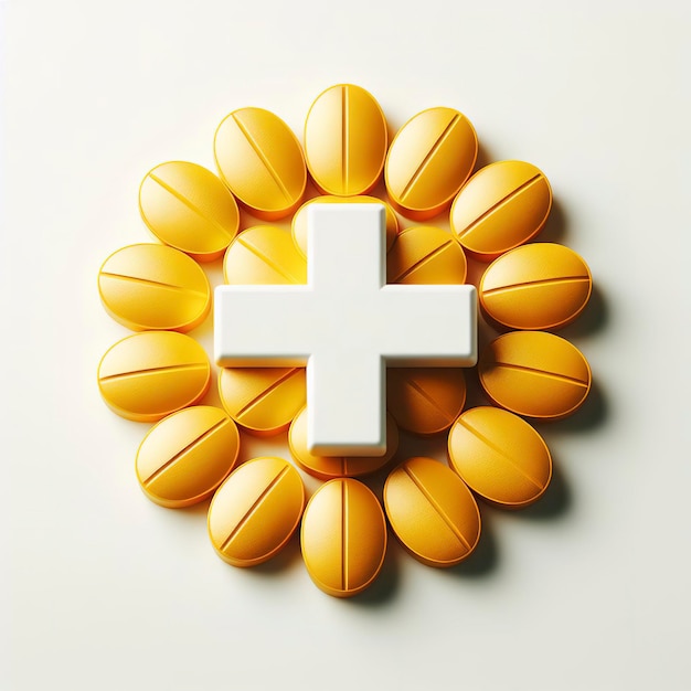 Yellow tablets pill with white cross symbol on white background