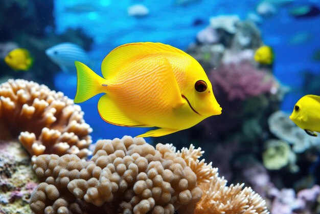 Yellow tang fish on coral reef