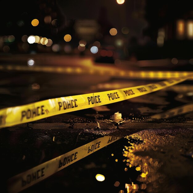 Photo a yellow tape that says  power  is taped to a street