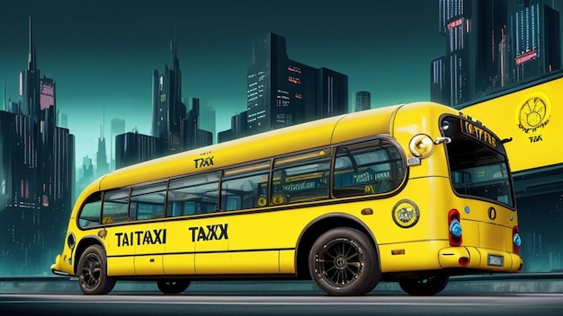 Yellow taxi bus in a futuristic city