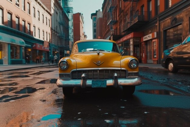 Foto un taxi giallo si trova alla fine di una strada cittadina nello stile audace e vibrante