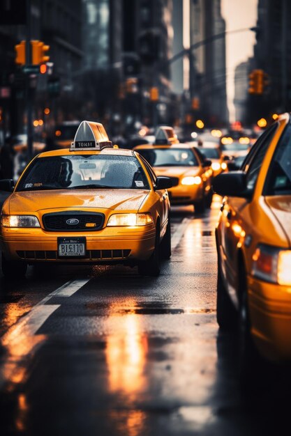 yellow taxi car in traffic on a city street slow motion Generative AI