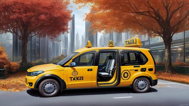 Yellow taxi in a futuristic city future world