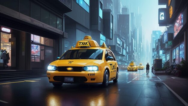 写真 未来の街の黄色いタクシー 未来の世界