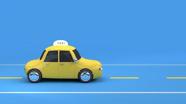 yellow taxi on road blue background 3d rendering