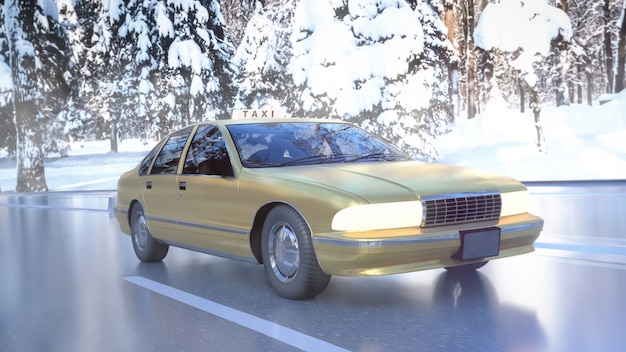 Foto taxi giallo sulla strada con neve in inverno. rendering 3d