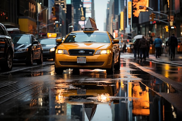 Yellow taxis aligned on a busy street generative IA