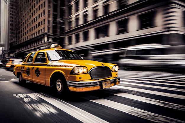 Yellow taxis rush by speed scene generative AI