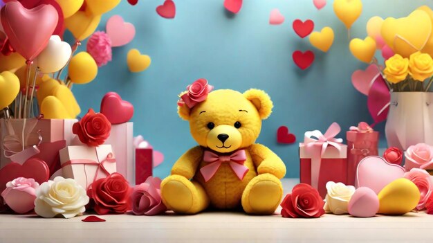 A yellow teddy with elegant valentine's background and rosess concept by teddy day