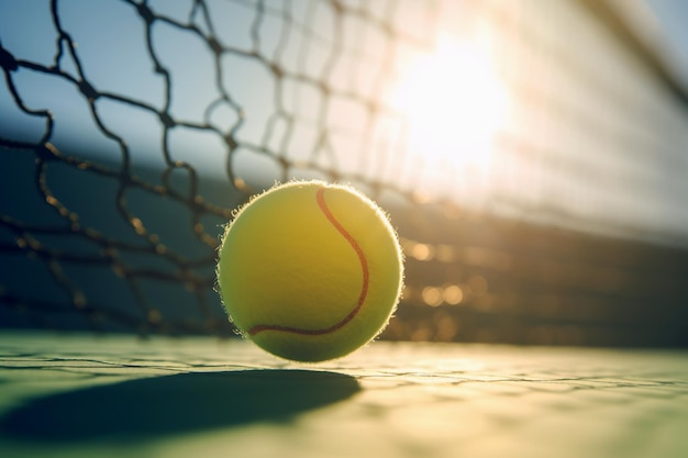 Yellow tennis ball lies on the court next to the tennis net