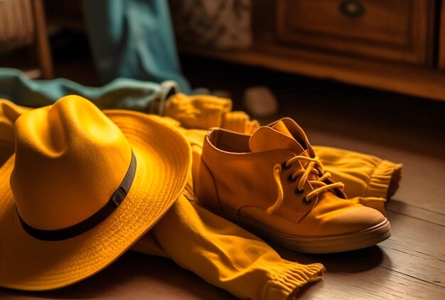 Yellow tennis shoes jeans a hat and a hat