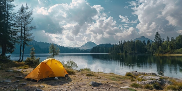 Photo a yellow tent is set up on a beach near a lake the sky is cloudy and the sun is shining through the