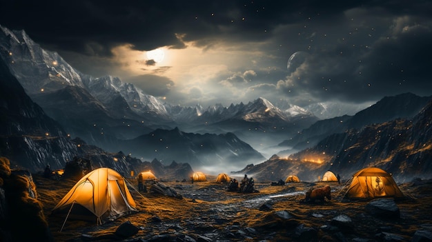 yellow tents in dark sky Beautiful scenery