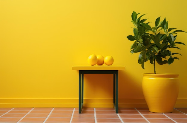 A yellow tile floor adorned with fresh limes and a decorative vase creating a vibrant yellowtoned