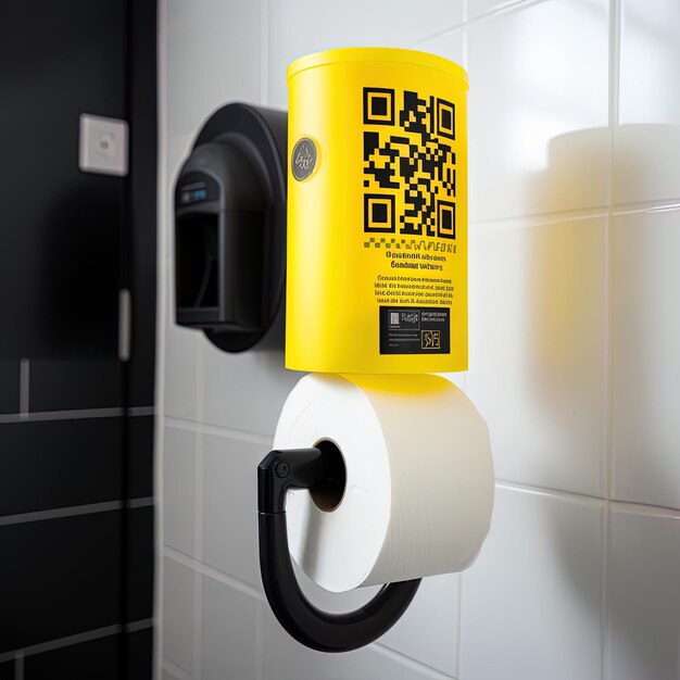 Photo a yellow tissue dispenser with a black and white label on it