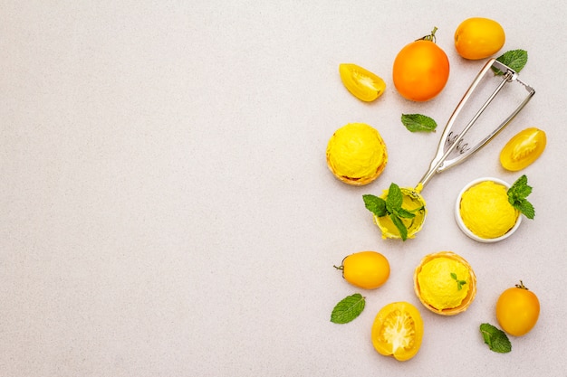 Yellow tomato ice cream, sorbet, gelato