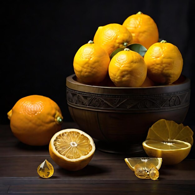 yellow topaz on the table in the dark room oranges and lemons AI