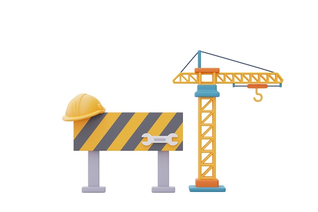 Yellow tower crane and Under construction signConstruction tools and equipmentHappy labour day3d rendering