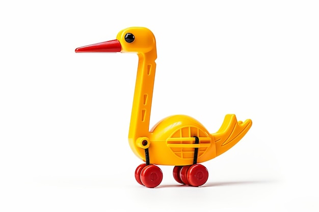 Photo yellow toy duck with red wheels on white background on a white or clear surface png transparent background