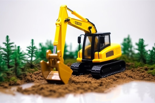 yellow toy excavator with rake nozzle to load the forest