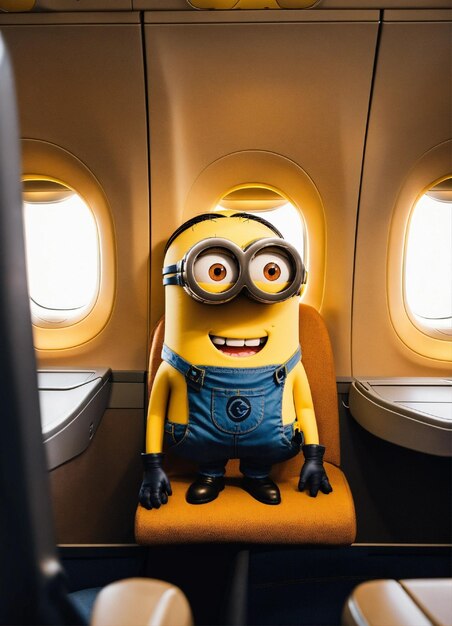 a yellow toy sits on an airplane seat