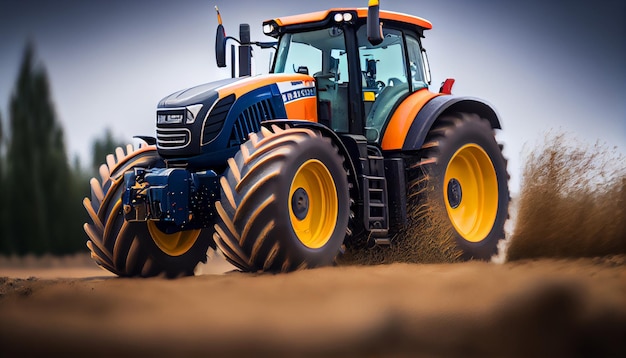 Yellow tractor in motion with a cloudy sky