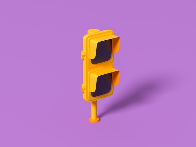 Yellow traffic light on a purple isolated background 3d render