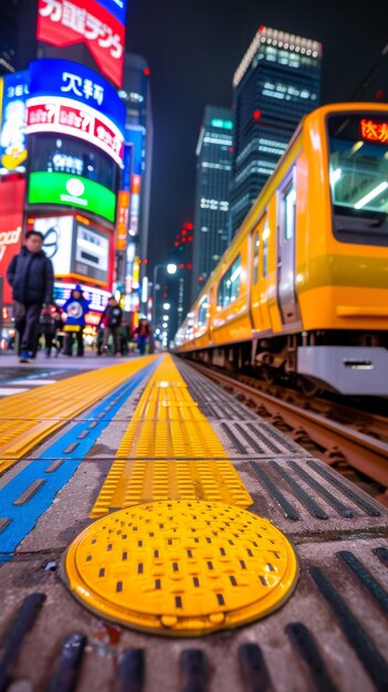 A yellow train is on a train track with a yellow circle on the ground