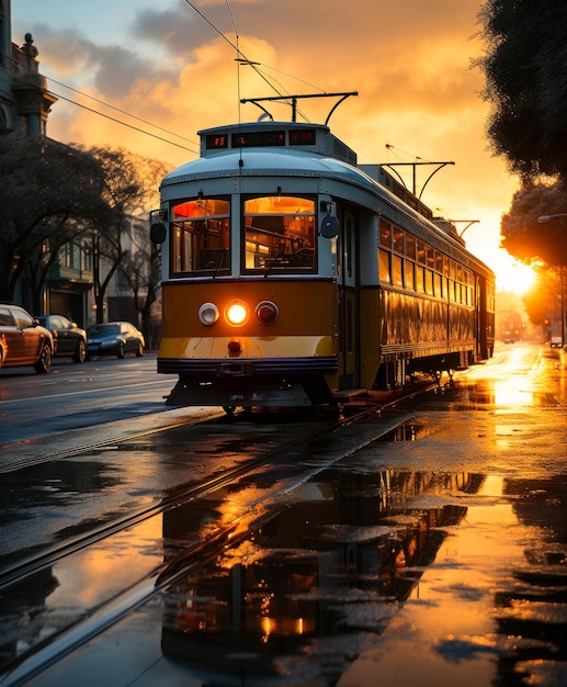 Yellow tram and cars on the street at sunset in Lisbon Portugal