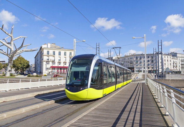 Yellow tram on the street of Brest France