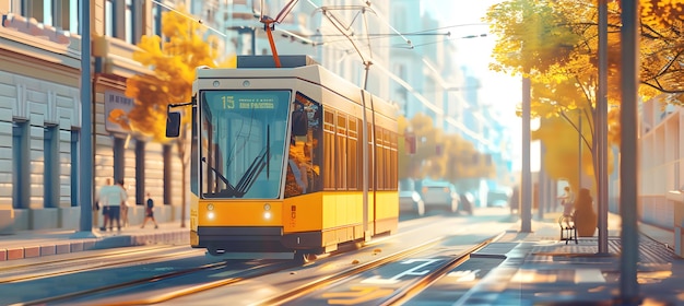 Foto un tram giallo con passeggeri che si muovono lungo una strada della città in una giornata di sole