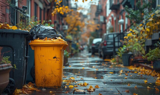 Yellow trash can and garbage bag on the street in autumn