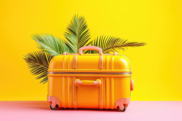 Yellow travel baggage on background with palm leaves