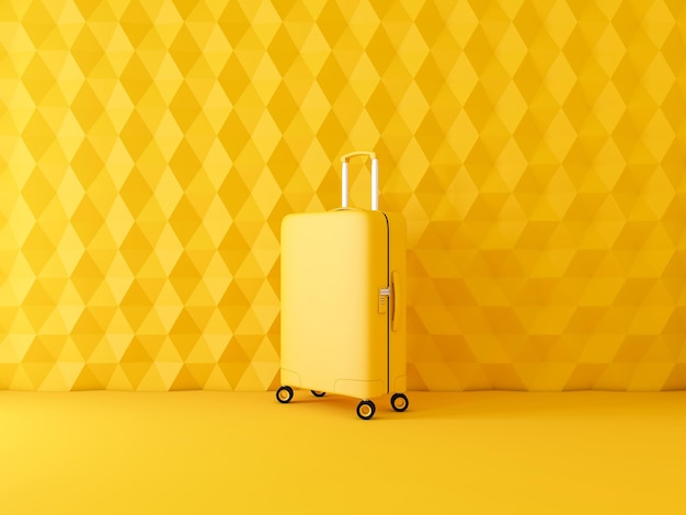 Photo yellow travel cabin suitcase in yellow room 3d rendering