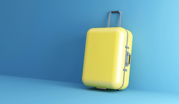 Yellow Travel Suitcase on Blue Studio background