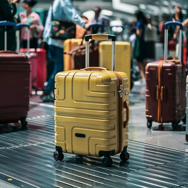 写真 空港の黄色い旅行スーツケース