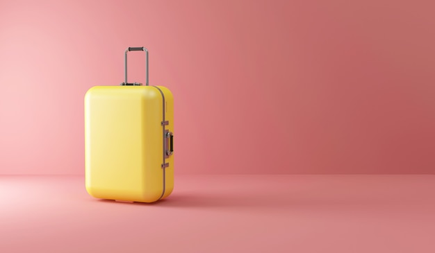 Yellow Travel Suitcase on Pink Studio background