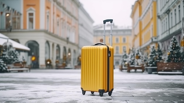 Yellow travel suitcase winter vacation AI Generated