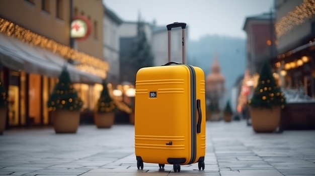 Yellow travel suitcase winter vacation AI Generated