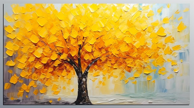 Yellow tree leaves listed in a thick impasto technique sitting p