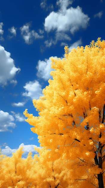 Yellow trees in a field with a blue sky and clouds generative ai